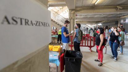 A second shot of AstraZeneca is administered in a sports stadium in Murcia, southern Spain.