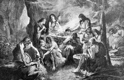 Cave-dwelling people cooking meat in a 19th-century illustration