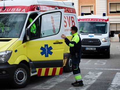 An ambulance outside a hospital in Valencia, where the first coronavirus death was reported.