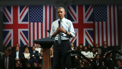 US President Barack Obama delivering a speech in London.
