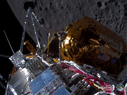 Intuitive Machines' Odysseus spacecraft passes over the near side of the Moon following lunar orbit insertion on February 21, 2024, in this handout image released February 22, 2024.