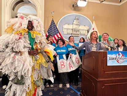 California Democratic state Sen. Catherine Blakespear gestures toward a person covered in plastic bags during a news conference at the Capitol in Sacramento, Calif. Feb. 8, 2024.