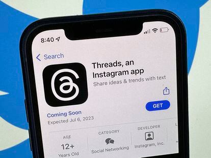 The announcement of the social media app 'Threads' is displayed in Apple's US App Store seen on the screen of a smartphone in Berlin, Germany, Tuesday, July 4, 2023.