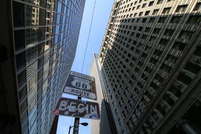 Route 66 sign on a Chicago street. 