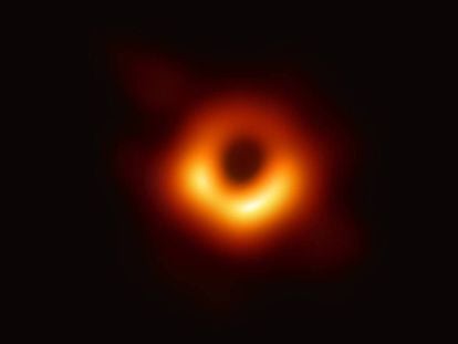 An image of a black hole at the center of the Messier 87 galaxy.