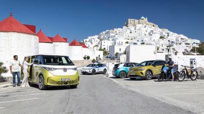 Various electric vehicles on the Greek island of Astypalea.