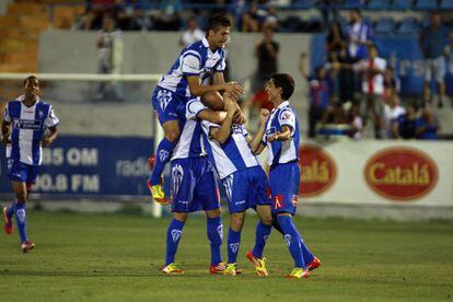 Alcoyano&#039;s players celebrate a goal on their way to victory over Tenerife and a match against Real Madrid. 
 
