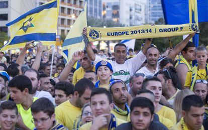 Maccabi supporters celebrate the team’s victory in Tel Aviv.