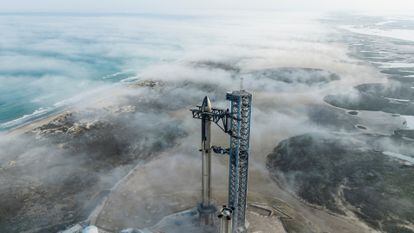 SpaceX Starship's full stack is seen on its launchpad near Brownsville, Texas, on January 9, 2023.