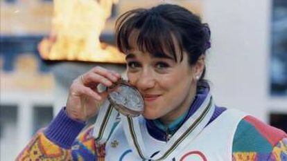 The skier with her bronze medal at the 1992 Albertville Games.