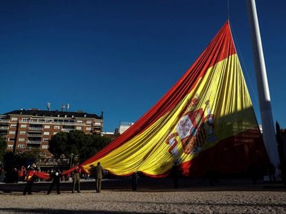 The Spanish flag is raised at Plaza de Colón in Madrid to observe Constitution Day.