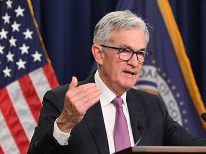 Federal Reserve Board Chairman Jerome Powell speaks during a news conference in Washington, DC.