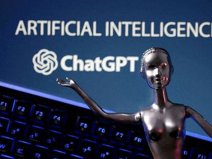 ChatGPT logo and AI Artificial Intelligence words are seen in this illustration taken, May 4, 2023.