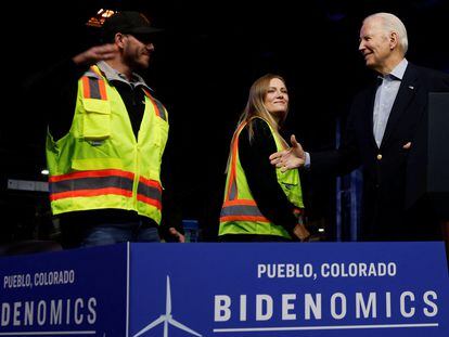U.S. President Joe Biden greets a worker at CS Wind, the largest wind tower manufacturer in the world, in Pueblo, Colorado, U.S., November 29, 2023.