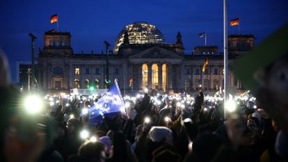 A protest against the far-right in front of the Bundestag, in Berlin, on Sunday, January 21, 2024.