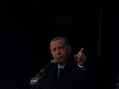 People's Alliance's presidential candidate Recep Tayyip Erdogan speaks to his supporters during an elections campaign rally in Istanbul, Turkey, Friday, May 12, 2023.