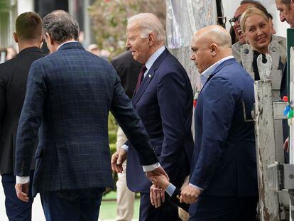 U.S. President Joe Biden and his son Hunter Biden leave a restaurant for Hunter's birthday in Los Angeles, California, on February 4.