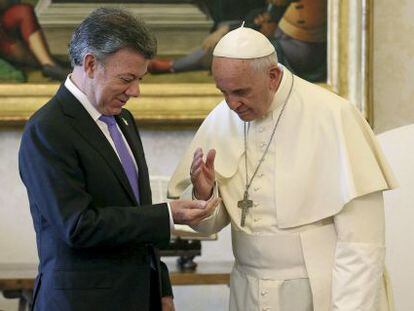 Pope Francis meets with Colombian President Juan Manuel Santos at the Vatican.