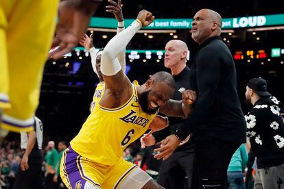 Los Angeles Lakers' LeBron James (6) reacts after missing a shot late in the fourth quarter during an NBA basketball game against the Boston Celtics, Saturday, Jan. 28, 2023, in Boston.