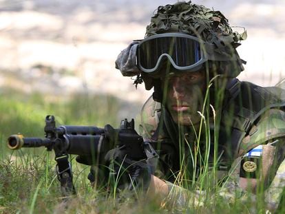 A Finnish soldier participates in the amphibious operations as part of NATO sea exercises BALTOPS 2015 in Ustka, Poland, on June 17, 2015