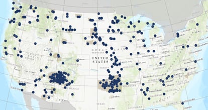 Map showing the location of schools for Native American children in the United States (excluding Alaska and Hawaii), taken from the report.