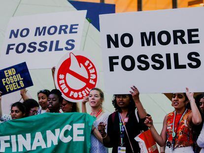 A protest against fossil fuels at the COP28, in Dubai, on December 12, 2023.