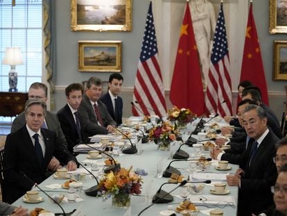 U.S. Secretary of State Antony Blinken meets with Chinese Foreign Minister Wang Yi at the State Department in Washington, October 27, 2023.