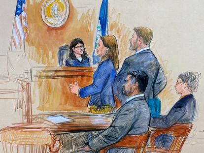 This artist sketch depicts Judge Dipti Pidikiti-Smith of the Fairfax County General District Court, presiding over the assault and battery trial of CIA officer trainee Ashkan Bayatpour, seated left, in Fairfax, Va., Wednesday, Aug. 23, 2023.
