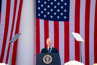 President Joe Biden delivers remarks at the Memorial Amphitheater as part of a National Veterans Day Observance at the Arlington National Cemetery in Arlington, on November 11.