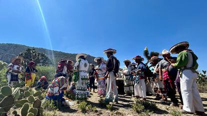 Wixárika pilgrims gather during the ceremony in the Wirikuta desert