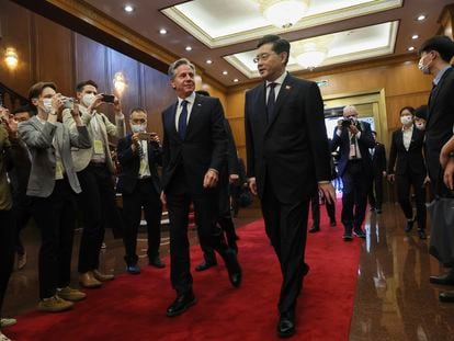 U.S. Secretary of State Antony Blinken walks with Chinese Foreign Minister Qin Gang at the Diaoyutai State Guesthouse in Beijing, China, on June 18, 2023.