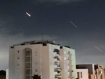 The Israeli Iron Dome air defense system launches projectiles to intercept missiles fired from Iran, in central Israel, on April 14.