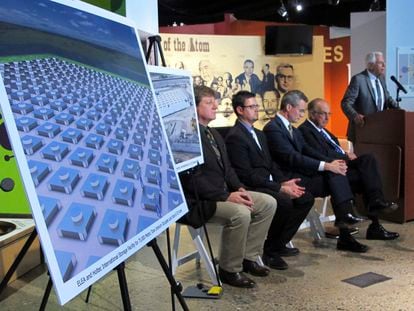 An illustration depicts a planned interim storage facility for spent nuclear fuel in southeastern New Mexico as officials announce plans to pursue a project by Holtec International during a news conference in Albuquerque, N.M., on April 29, 2015.