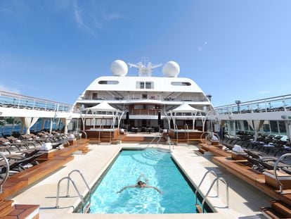 The deck of the 'Seabourn Sojourn,' a luxury cruise ship.