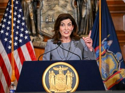 New York Governir Kathy Hochul speaks to reporters on July 1, 2022, in Albany, New York.
