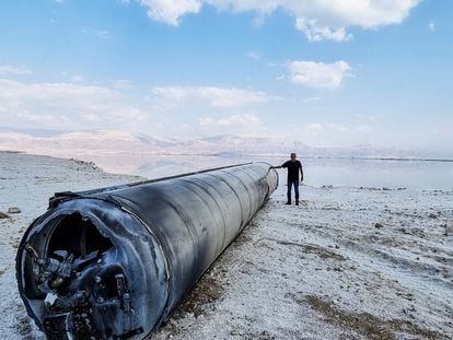 The remains of a ballistic missile found on the Dead Sea coast after Iran's attack on Israel on April 13.