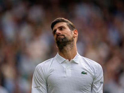 Novak Djokovic (SRB) reacts to a point during the men’s singles final against Carlos Alcaraz (ESP) on day 14 at the All England Lawn Tennis and Croquet Club.