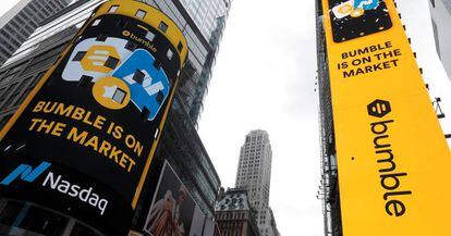Advertisements in Times Square announcing the initial public offering of Bumble, the app that was promoted as a Tinder for women.