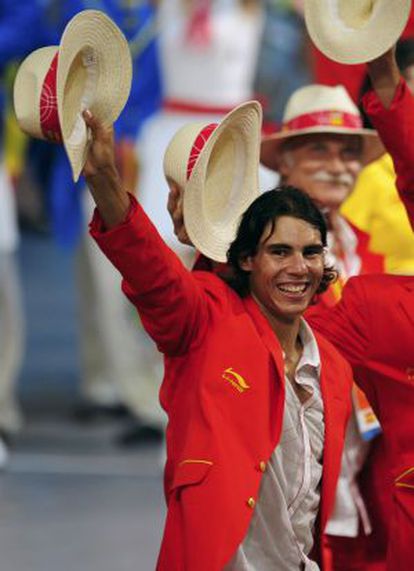 Spanish tennis player Rafael Nadal waves during the opening ceremony of the Beijing 2008 Olympic Games.