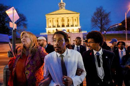 Rep. Justin Pearson, Rep. Justin Jones, and Rep. Gloria Johnson leave the Tennessee State Capitol