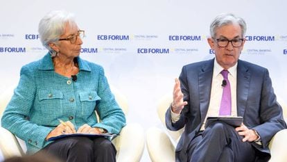 ECB President Christine Lagarde with Jerome Powell, her Fed counterpart, at the Sintra central bank forum last week.