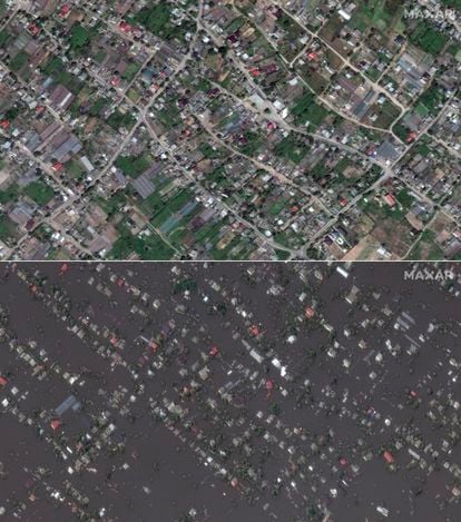 En la foto de arriba, viviendas de la localidad ucrania de Oleshki, el 15 de mayo. Abajo, la misma zona inundada este miércoles.