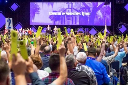Delegates vote at the Southern Baptist Convention at the New Orleans Ernest N. Morial Convention Center in New Orleans