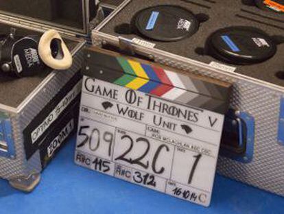 A clapperboard on set.