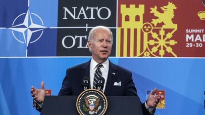US president Joe Biden during a news conference following the final day of the NATO summit in Madrid, Spain.