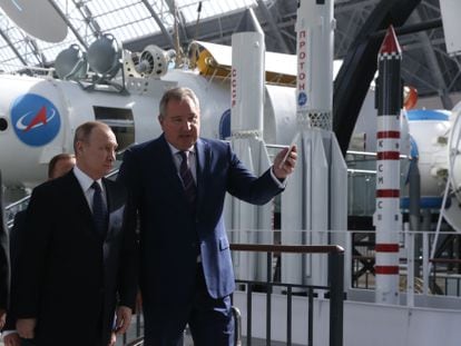 Russian President Vladimir Putin with Dmitry Rogozin – the former director of Roscosmos – at a space industry exhibition in Moscow, Russia, on April 12, 2018.