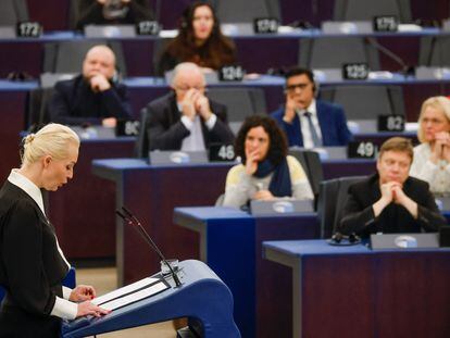 Yulia Navalnaya, the widow of Alexei Navalny, the Russian opposition leader who died in a prison camp, addresses the European Parliament, in Strasbourg, France February 28, 2024.