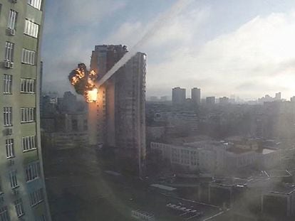 A still from a video of a missile striking a residential building in Kyiv last Saturday.