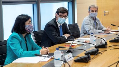 (l-r) Territorial Policy Minister Carolina Darias, Health Minister Salvador Illa and Fernando Simón, the director of the Health Ministry’s Coordination Center for Health Alerts, on Thursday.