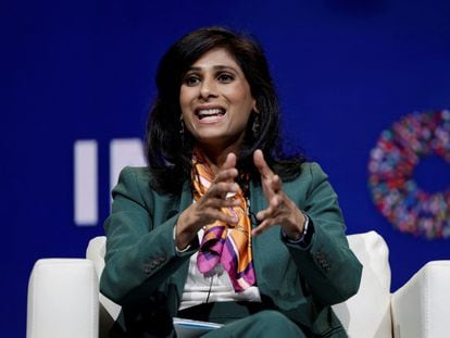 IMF First Deputy Managing Director Gita Gopinath attends a panel on the fifth day of the annual meeting of the International Monetary Fund and the World Bank in Marrakech, Morocco, on October 13, 2023.